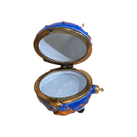 Blue Gold Pufferfish Trinket Box  Ornament Hinged Porcelain & Metal Jewelry Box - Picture 8 of 11